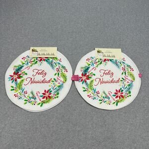 Isaac Mizrahi Placemats Feliz Navidad White Christmas Botanical 4 Round Cotton